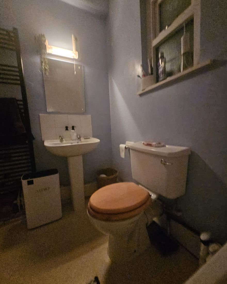 The old bathroom: lilac walls, a pedestal basin with a mirror above, and a toilet