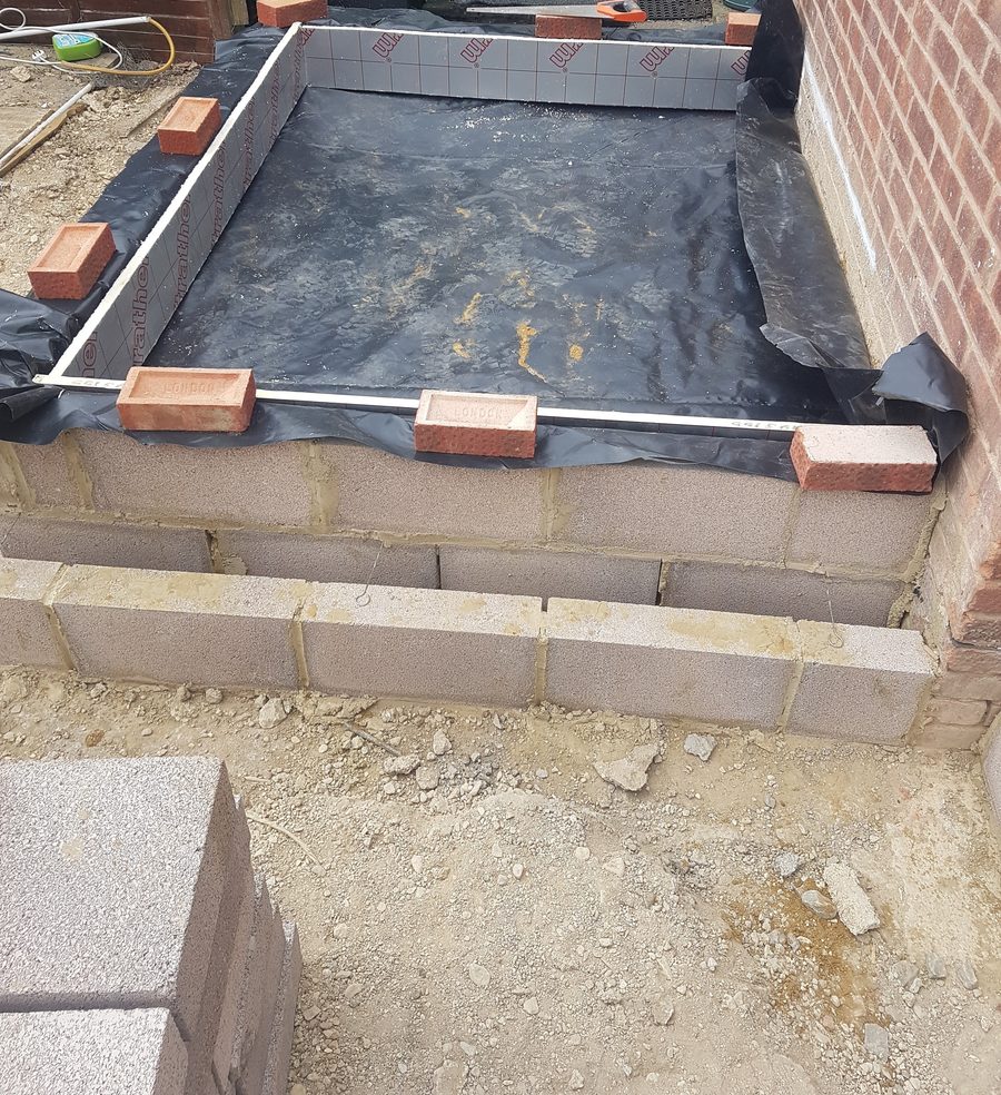 New extension foundations with blockwork up to damp-proof course level and membrane laid