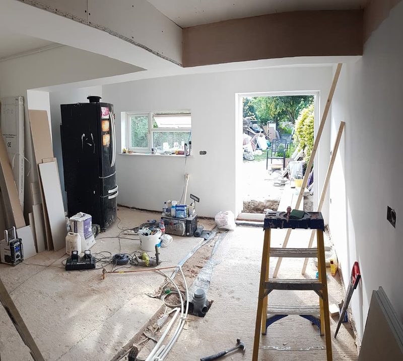 Boxed beam over a new opening from the house into a rear extension