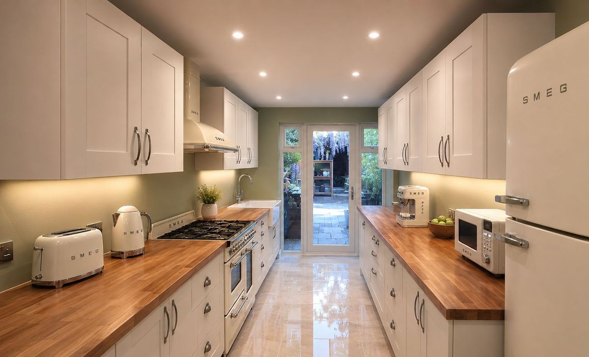 The galley kitchen with cream units, oak worktops and the Belfast sink fitted, and a shiny self-levelled floor ready for LVT