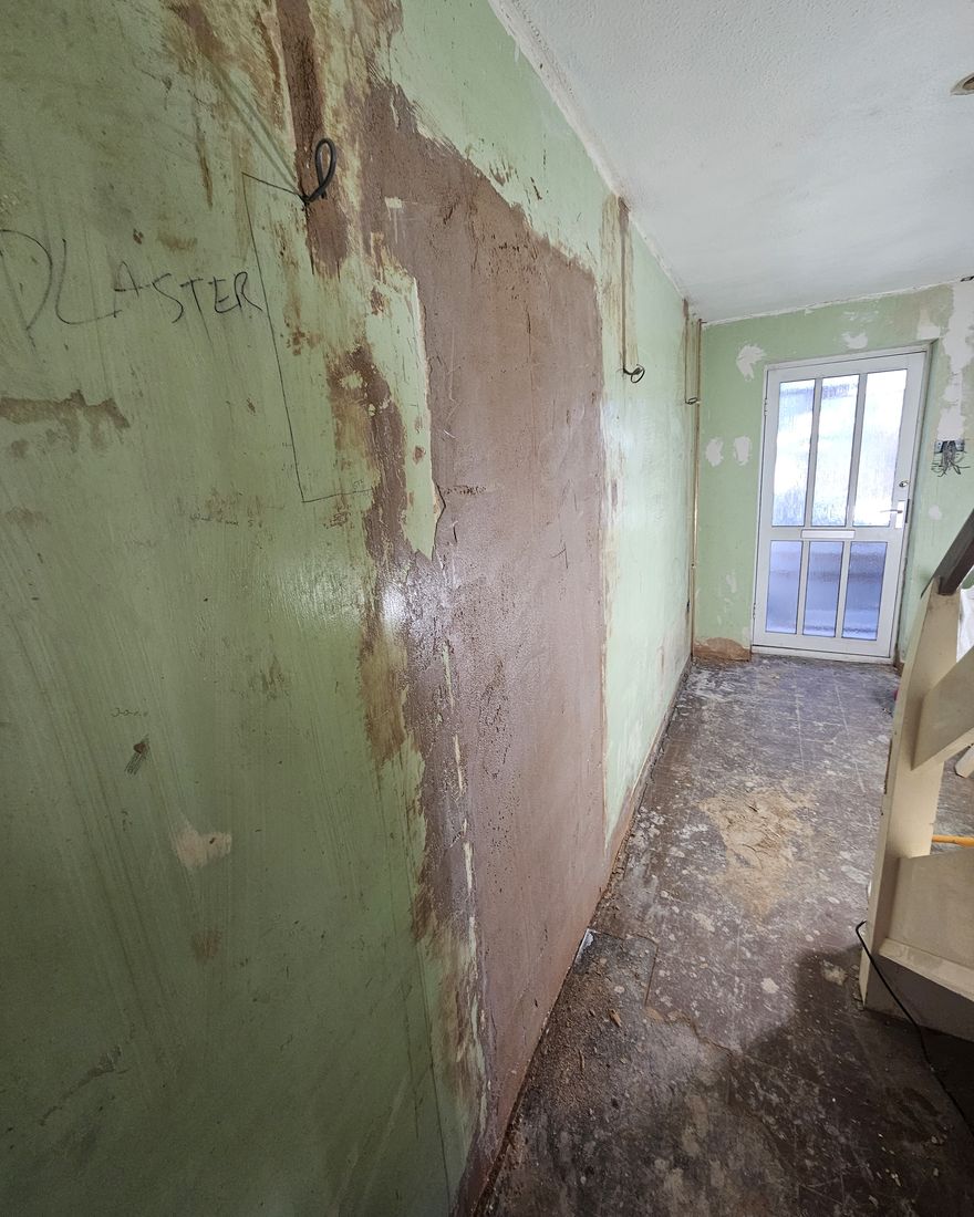 Hallway wall stripped back to old plaster and board, with the back door at the end